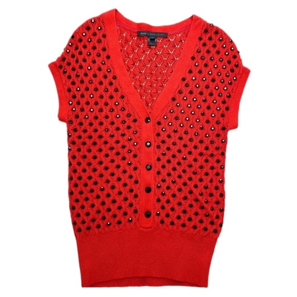 MARC by Marc Jacobs Wove Dots Button Blend Silk Knit  Sweater in Red - Picture 2 of 8